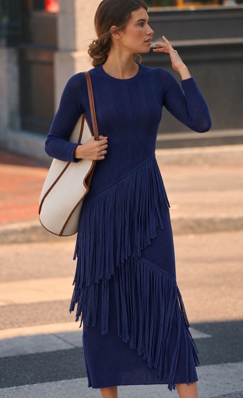 NWOT Carolina K Hunter knit Fringed Pima Cotton Maxi Dress in navy blue, Lrg $57